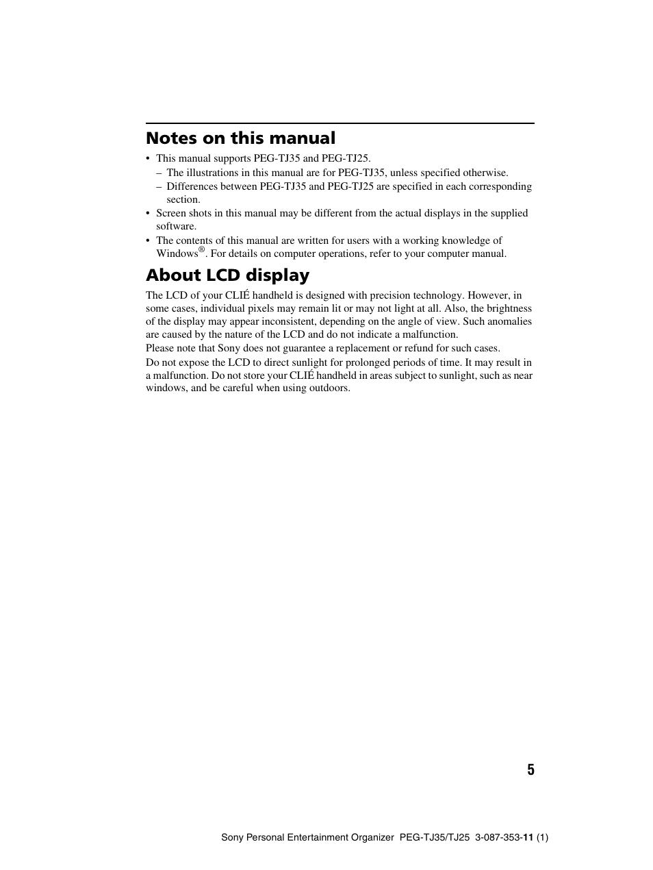 Notes on this manual, About lcd display | Sony PEG-TJ25 User Manual | Page 5 / 72