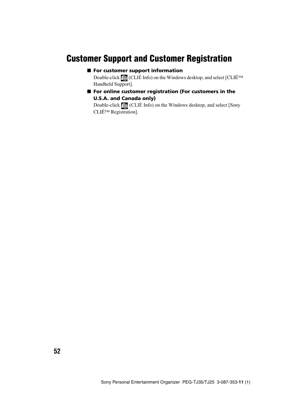 Customer support and customer registration, Customer support and, Customer registration | Sony PEG-TJ25 User Manual | Page 52 / 72