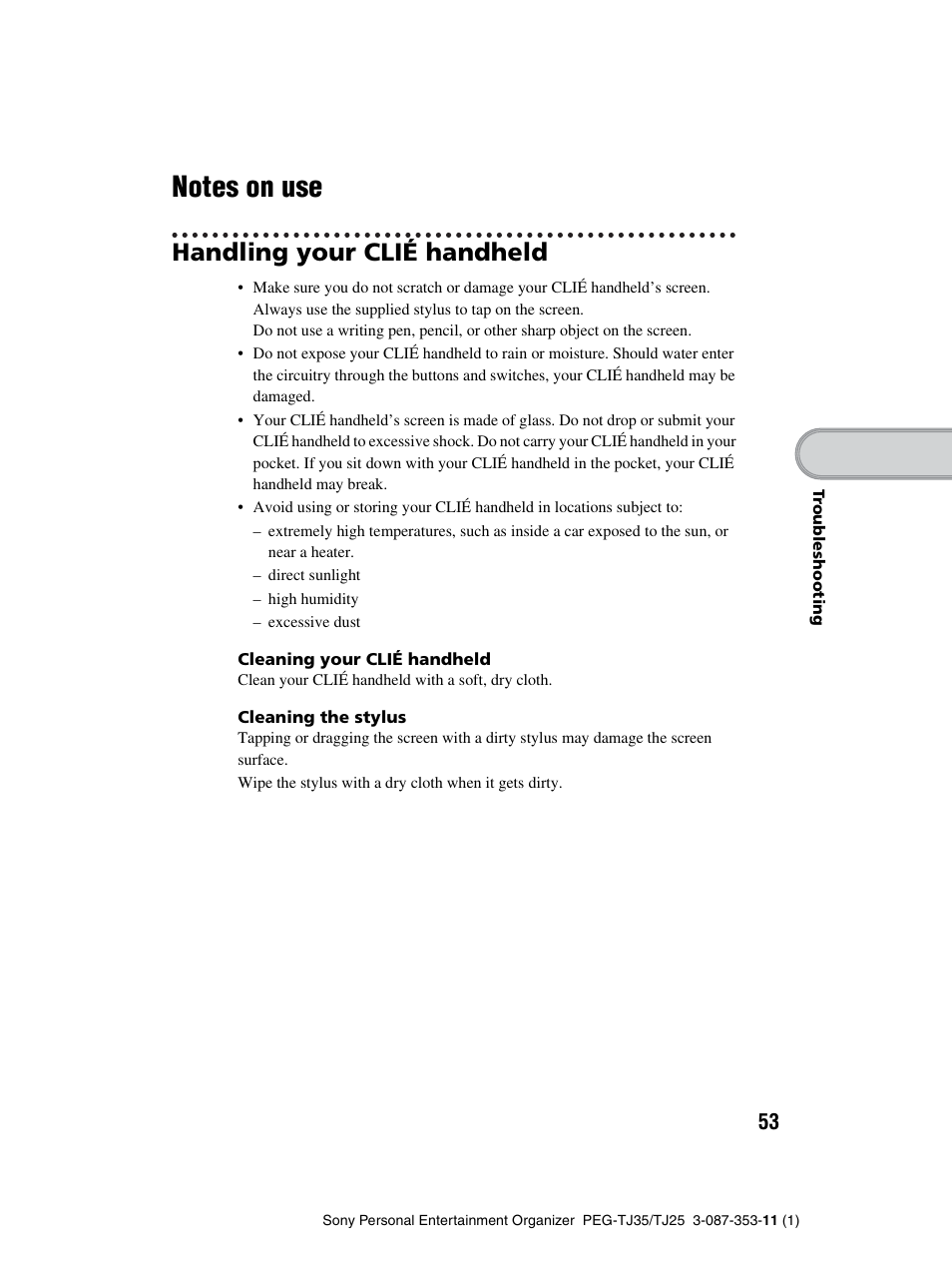 Notes on use, Handling your clié handheld | Sony PEG-TJ25 User Manual | Page 53 / 72