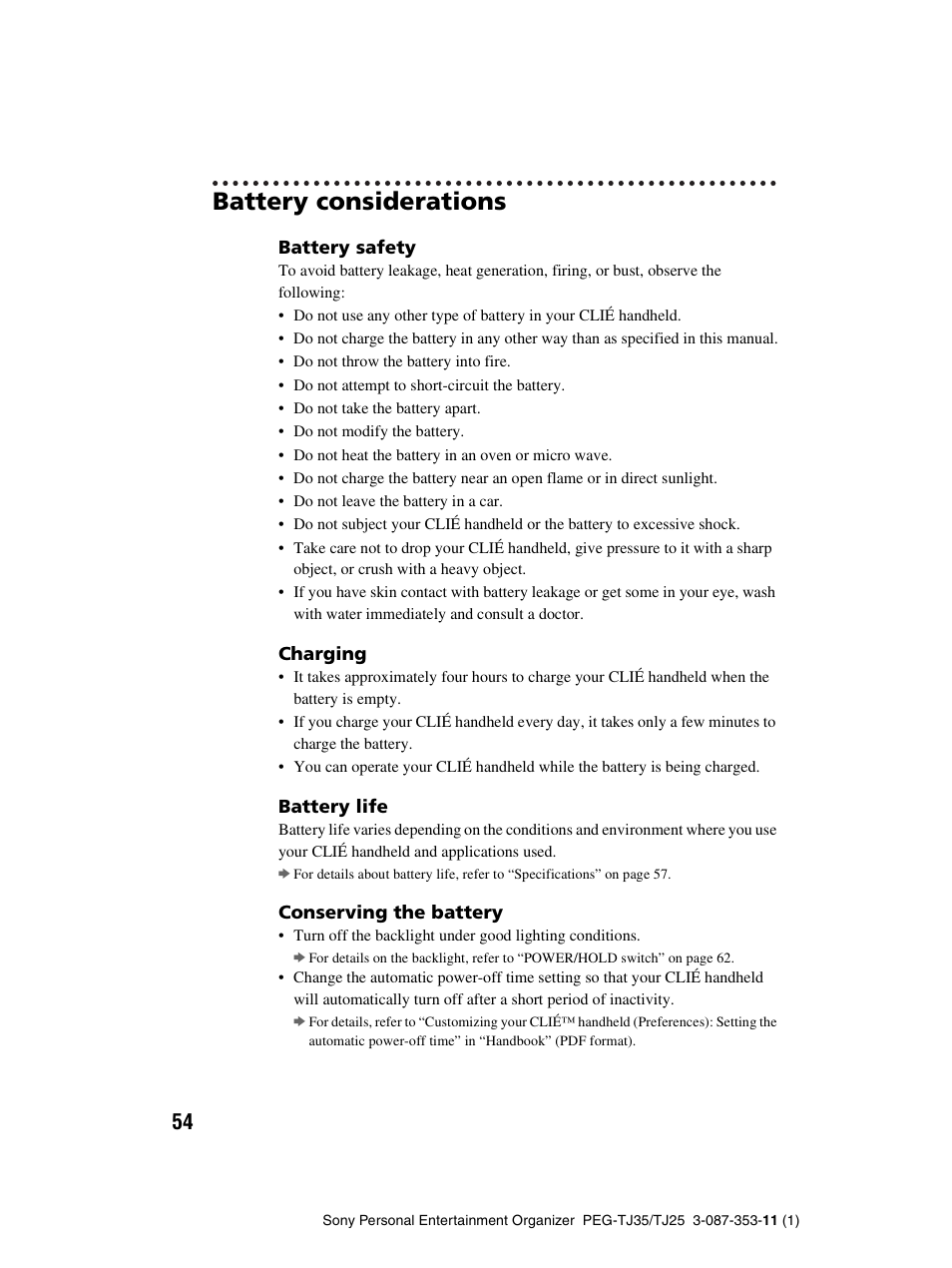 Battery considerations | Sony PEG-TJ25 User Manual | Page 54 / 72