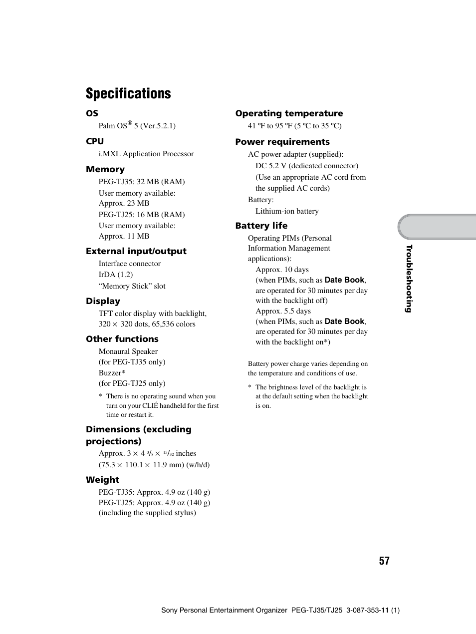 Specifications | Sony PEG-TJ25 User Manual | Page 57 / 72