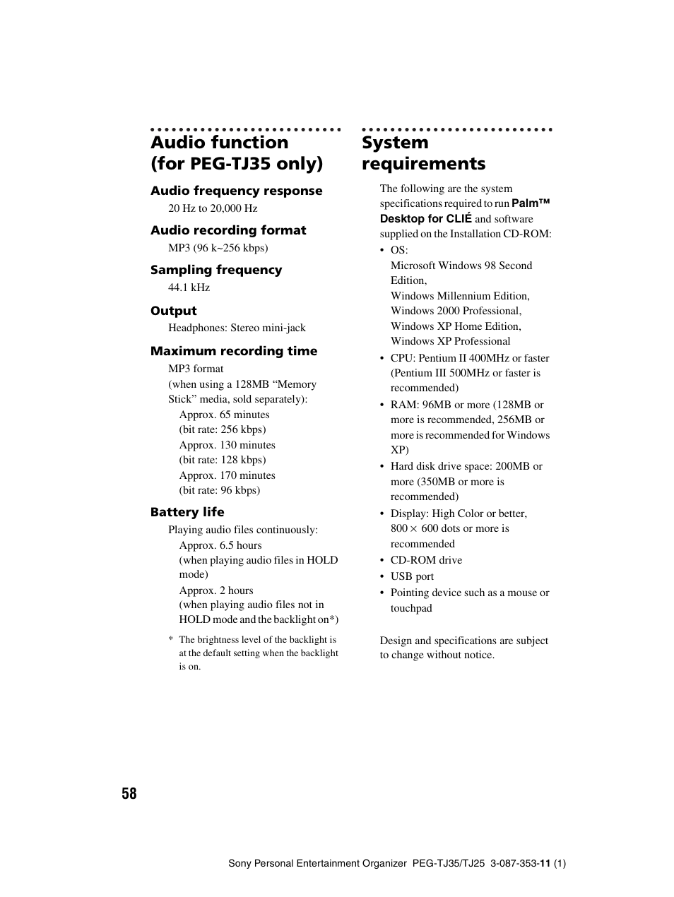 Audio function (for peg-tj35 only), System requirements | Sony PEG-TJ25 User Manual | Page 58 / 72