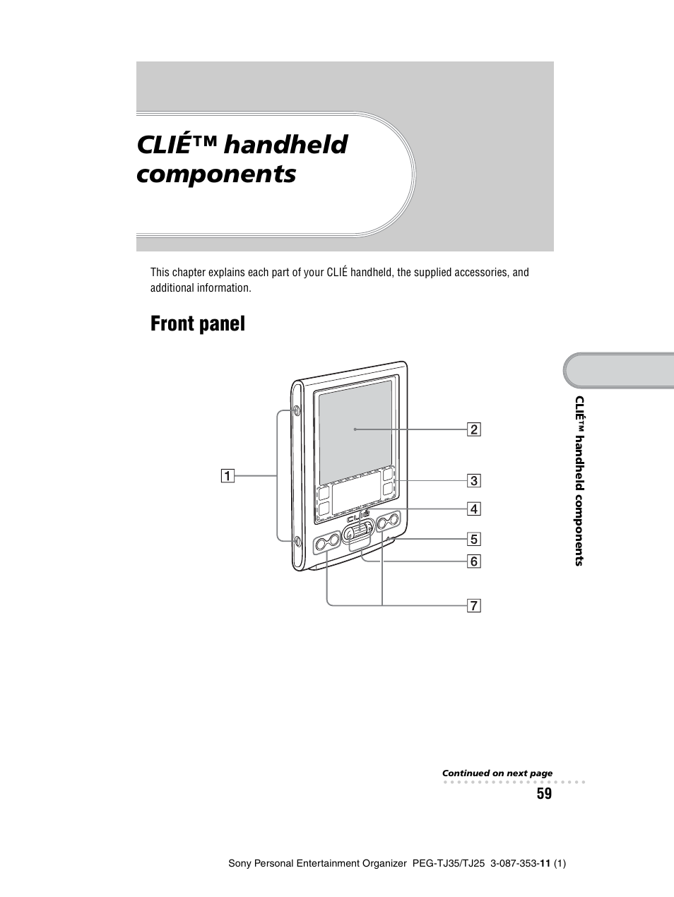 Clié™ handheld components, Front panel | Sony PEG-TJ25 User Manual | Page 59 / 72