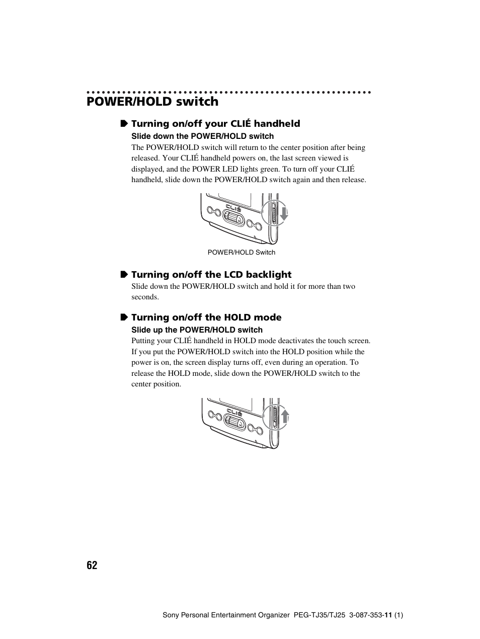 Power/hold switch | Sony PEG-TJ25 User Manual | Page 62 / 72