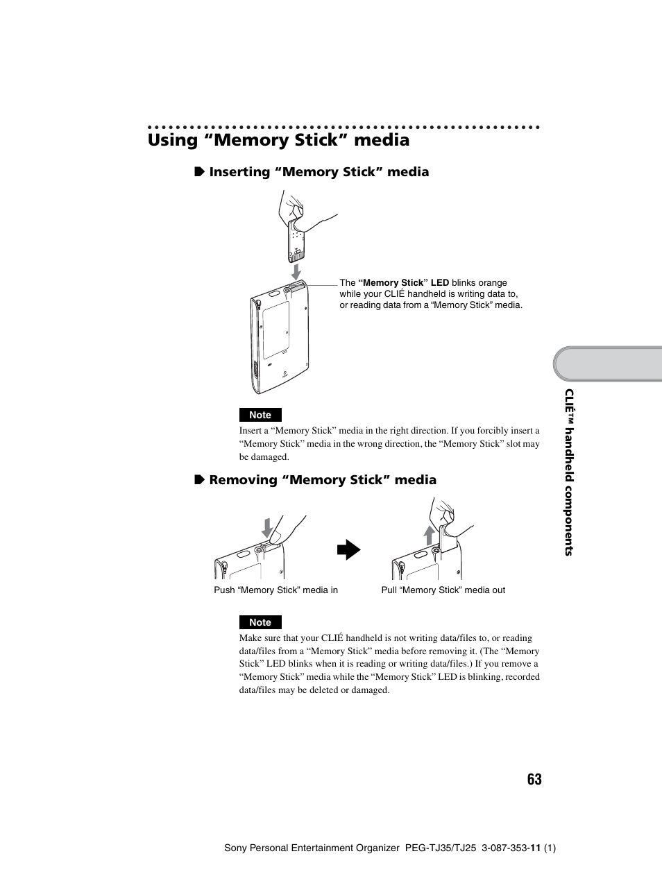 Using “memory stick” media | Sony PEG-TJ25 User Manual | Page 63 / 72