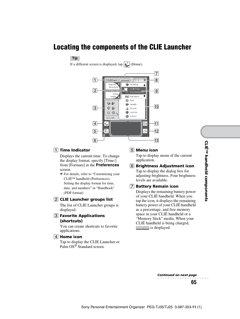 Locating the components of the clie launcher, Locating the components of the clie, Launcher | Sony PEG-TJ25 User Manual | Page 65 / 72