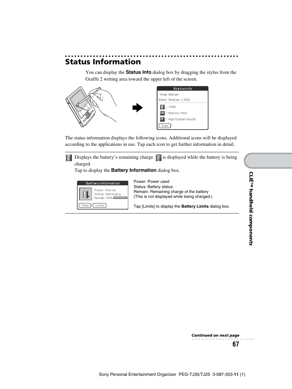 Status information | Sony PEG-TJ25 User Manual | Page 67 / 72