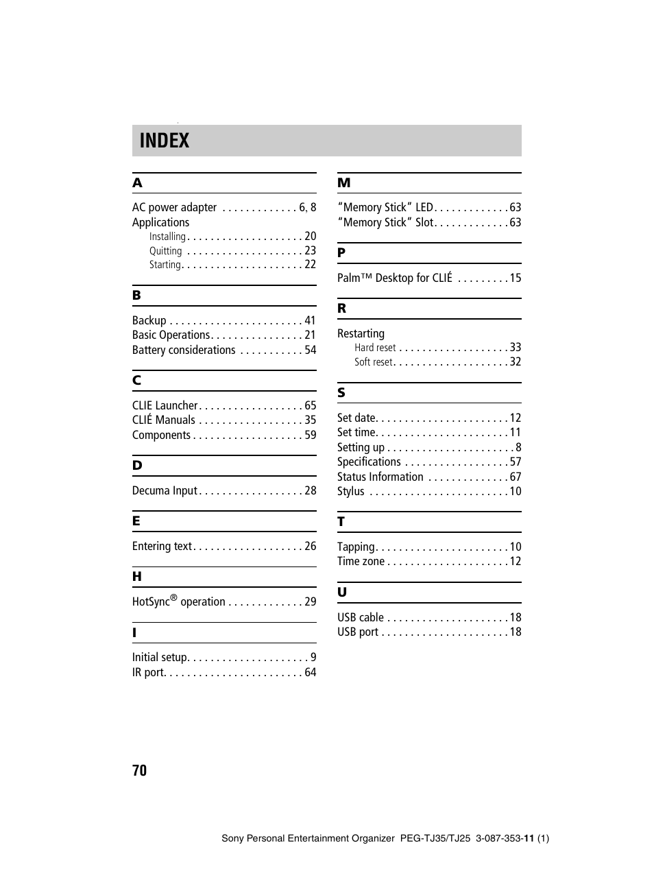 Index | Sony PEG-TJ25 User Manual | Page 70 / 72