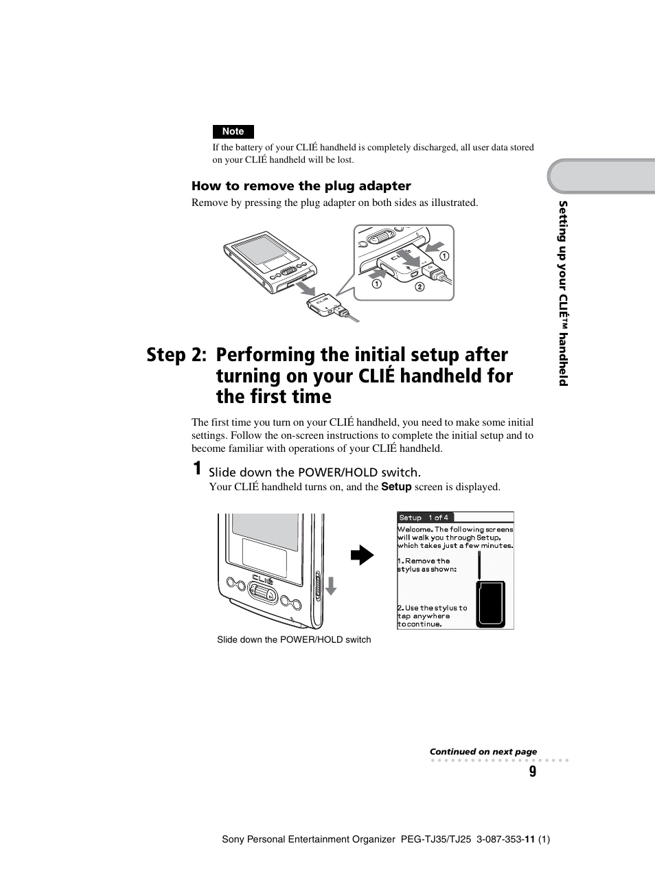 Step 2: performing the initial setup after, Turning on your clié handheld for the first time | Sony PEG-TJ25 User Manual | Page 9 / 72