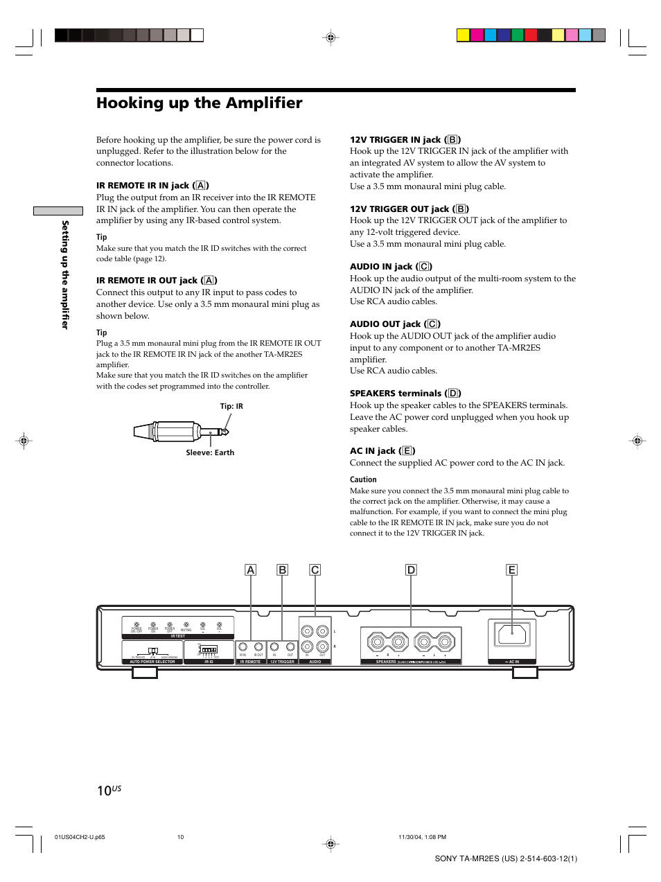 Hooking up the amplifier, Ab c d e, Setting up the amplifier | Sony TA-MR2ES User Manual | Page 10 / 20