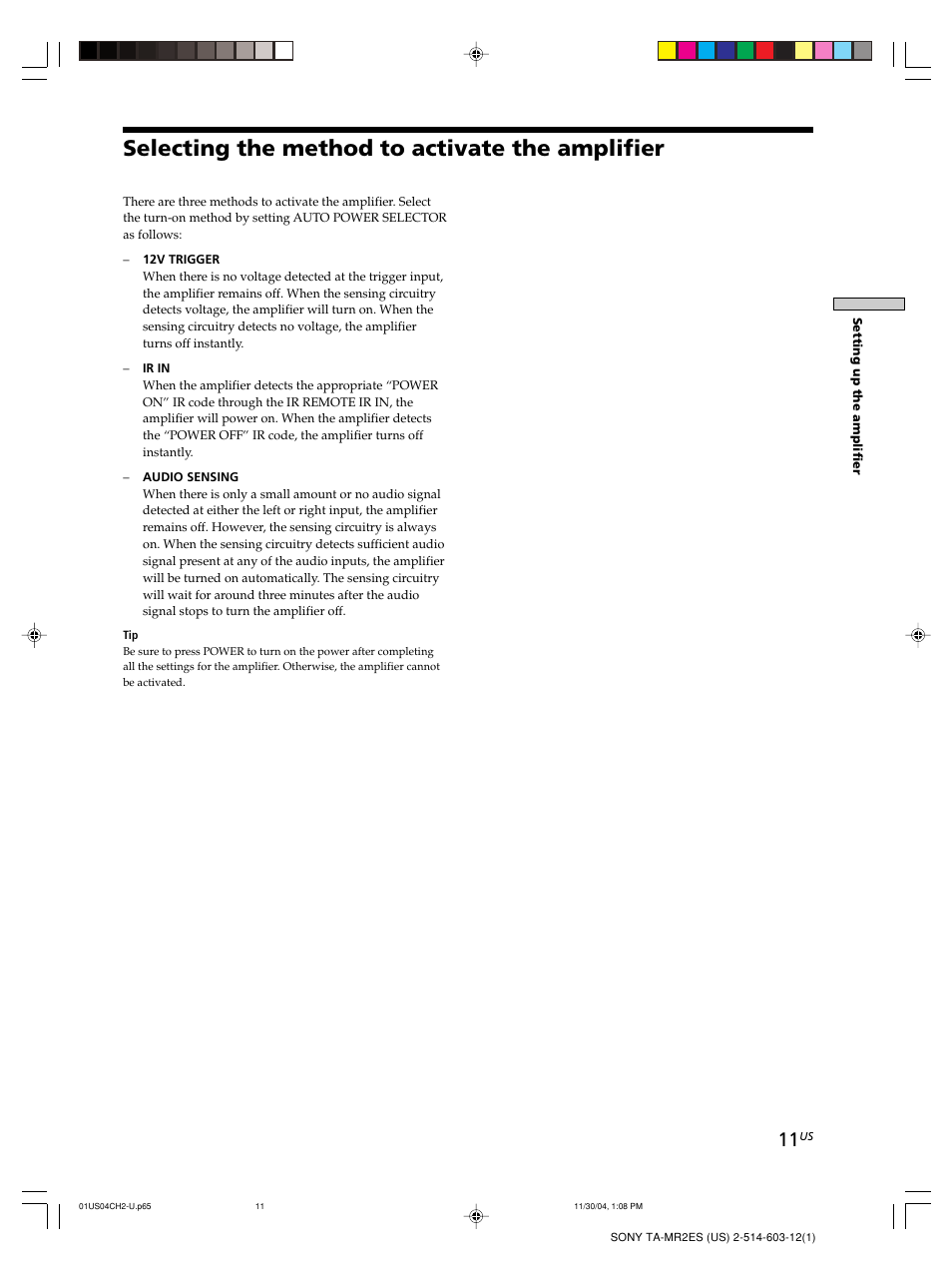 Selecting the method to activate the amplifier | Sony TA-MR2ES User Manual | Page 11 / 20