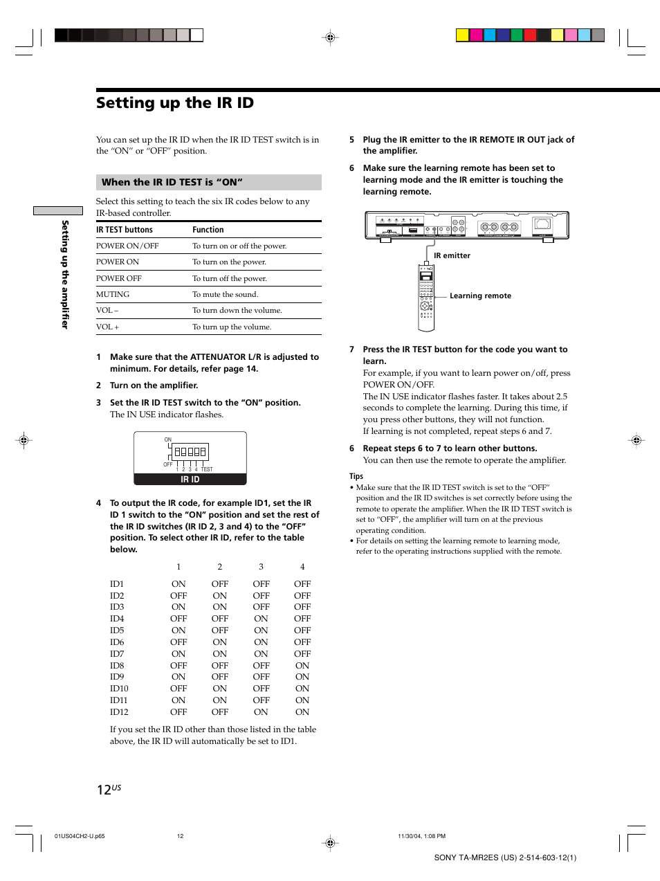 Setting up the ir id, When the ir id test is “on | Sony TA-MR2ES User Manual | Page 12 / 20