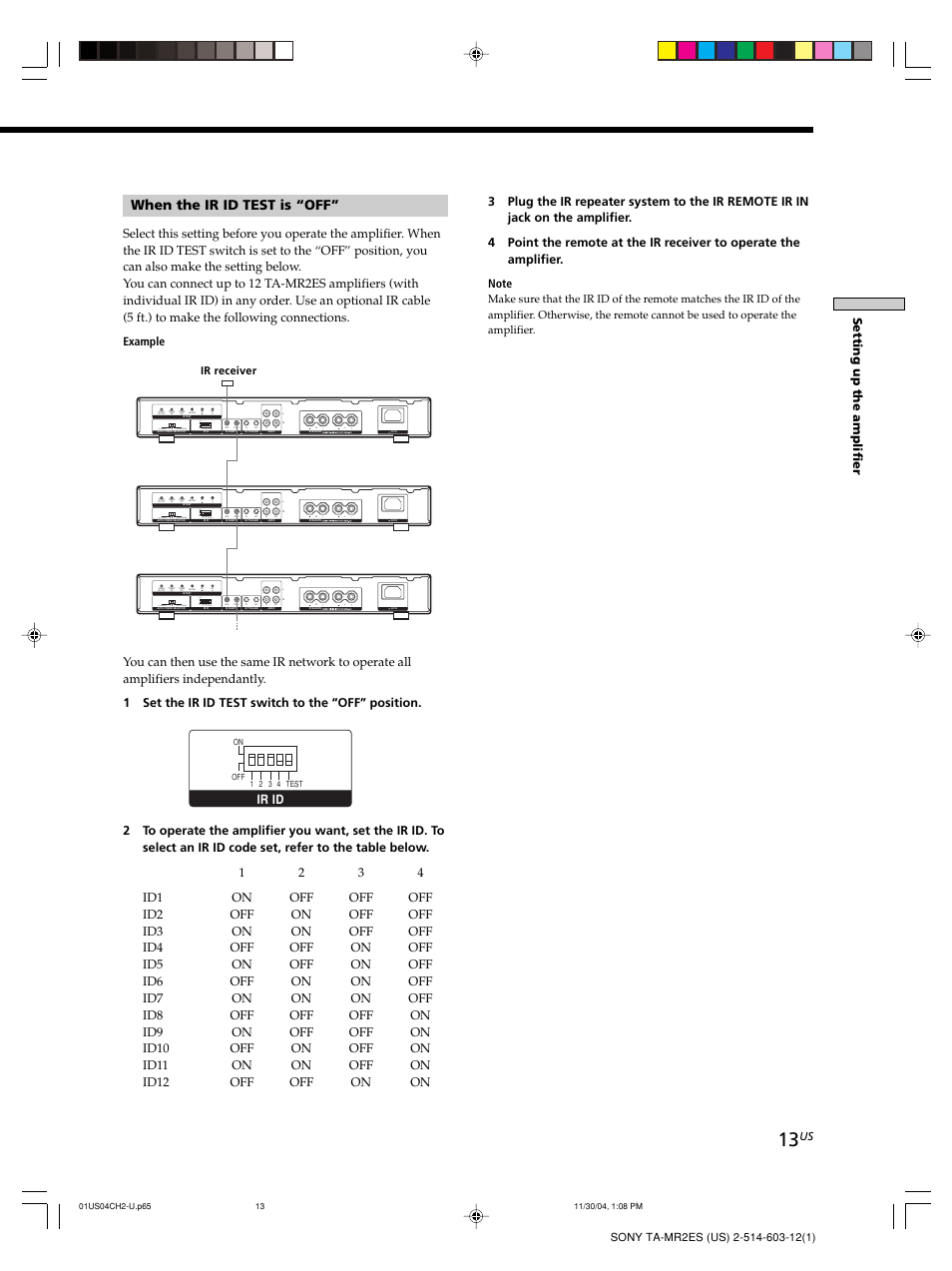 When the ir id test is “off, Setting up the amplifier, Ir id | Sony TA-MR2ES User Manual | Page 13 / 20