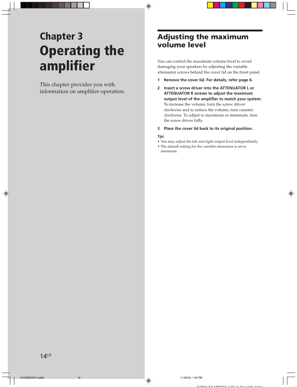 Chapter 3 operating the amplifier, Adjusting the maximum volume level, Operating the amplifier | Chapter 3 | Sony TA-MR2ES User Manual | Page 14 / 20