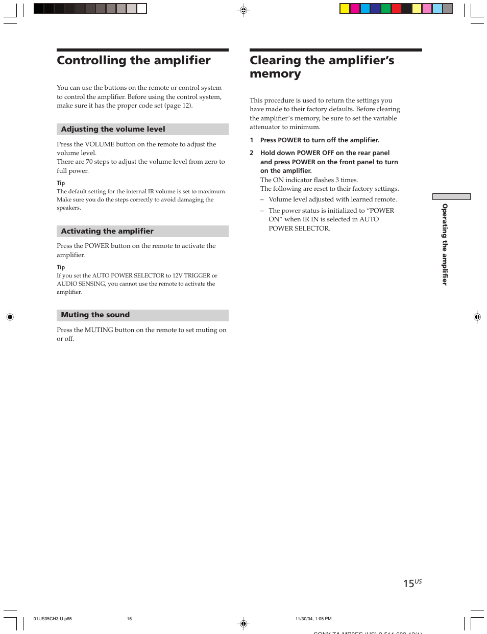 Controlling the amplifier, Clearing the amplifier’s memory | Sony TA-MR2ES User Manual | Page 15 / 20