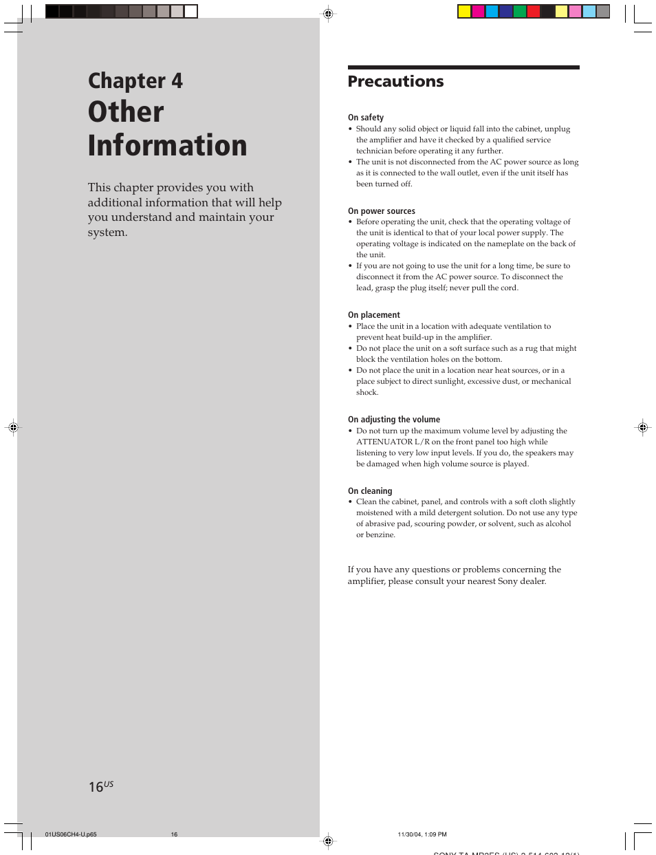 Chapter 4 other information, Precautions, Other information | Chapter 4 | Sony TA-MR2ES User Manual | Page 16 / 20