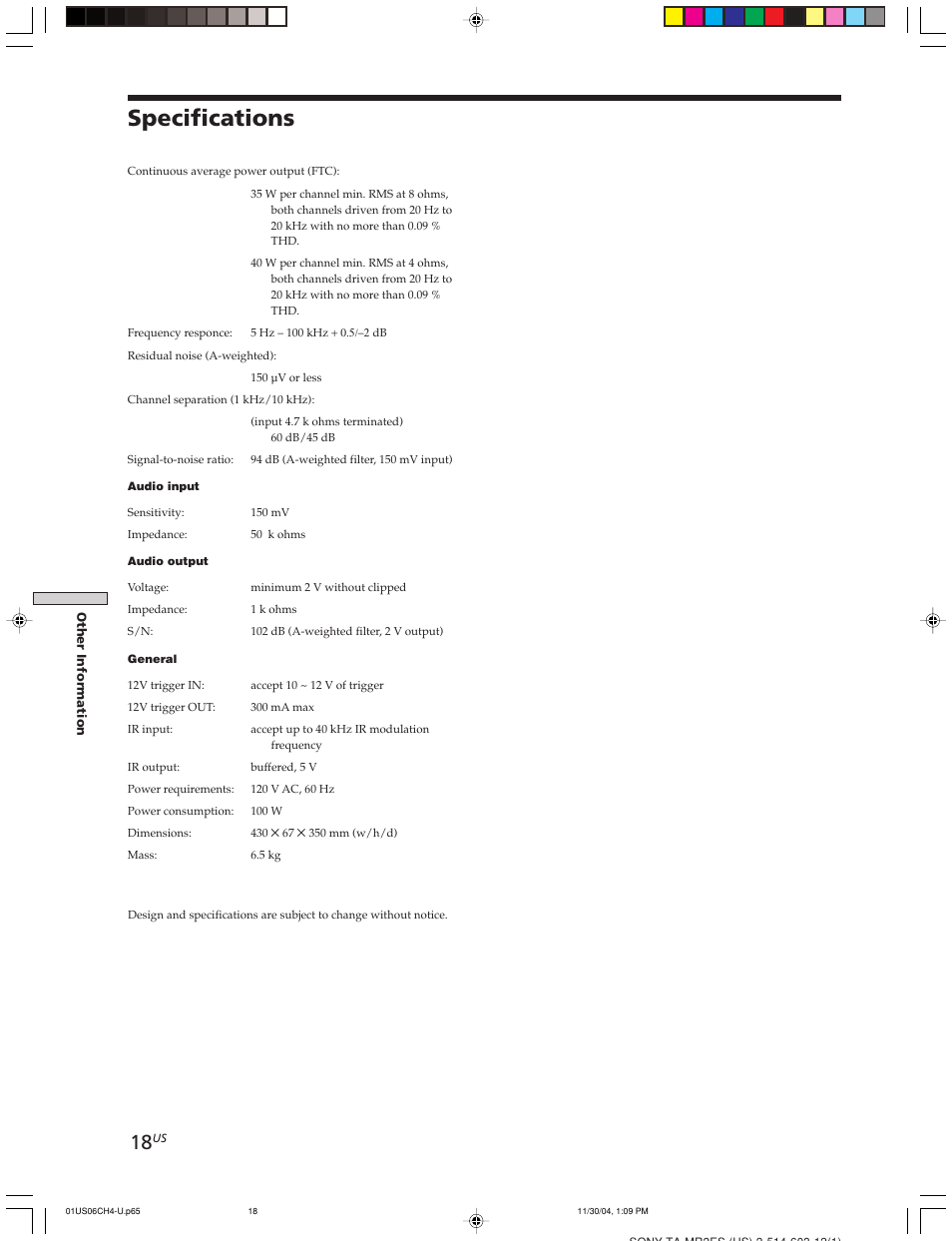 Specifications | Sony TA-MR2ES User Manual | Page 18 / 20