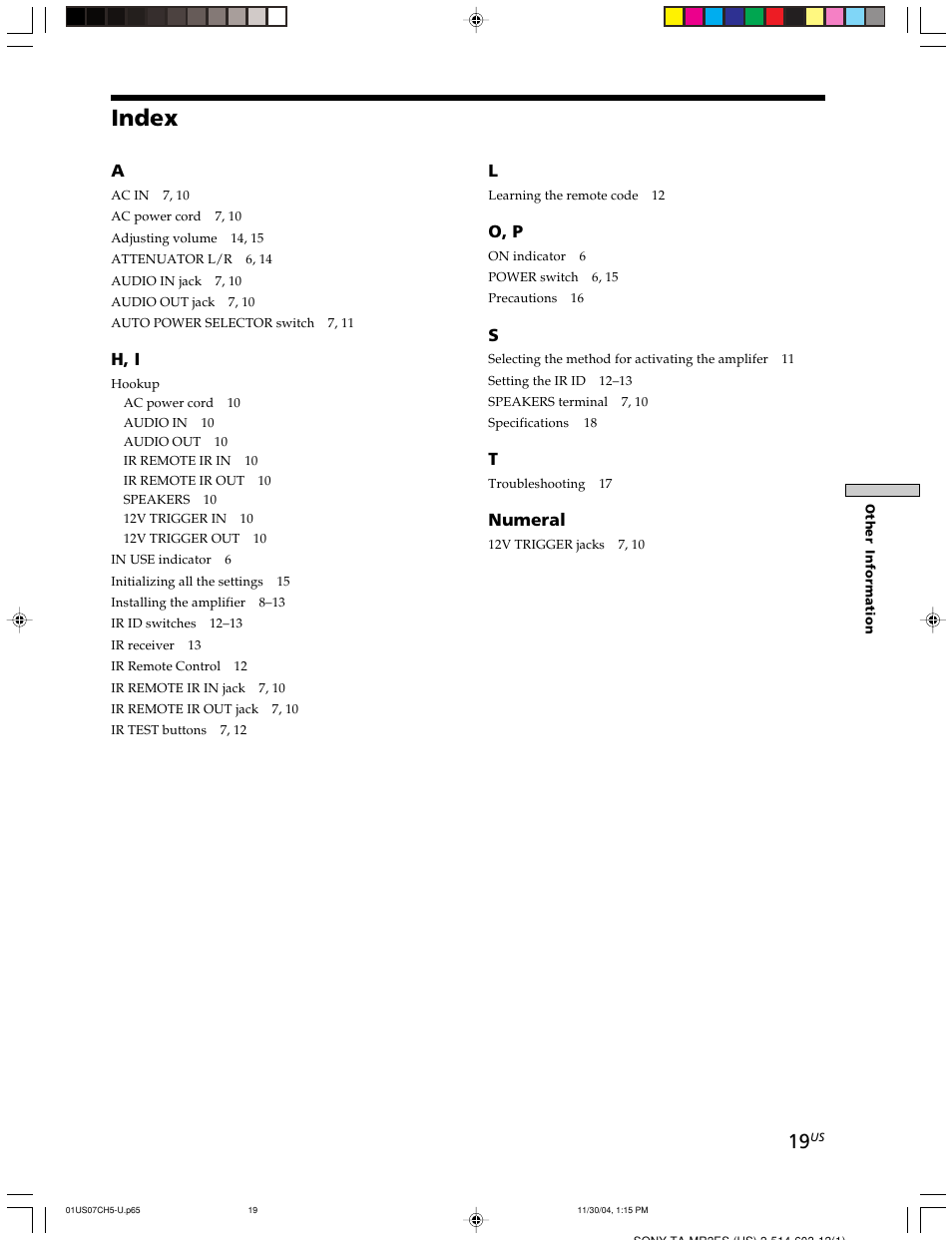 Index | Sony TA-MR2ES User Manual | Page 19 / 20