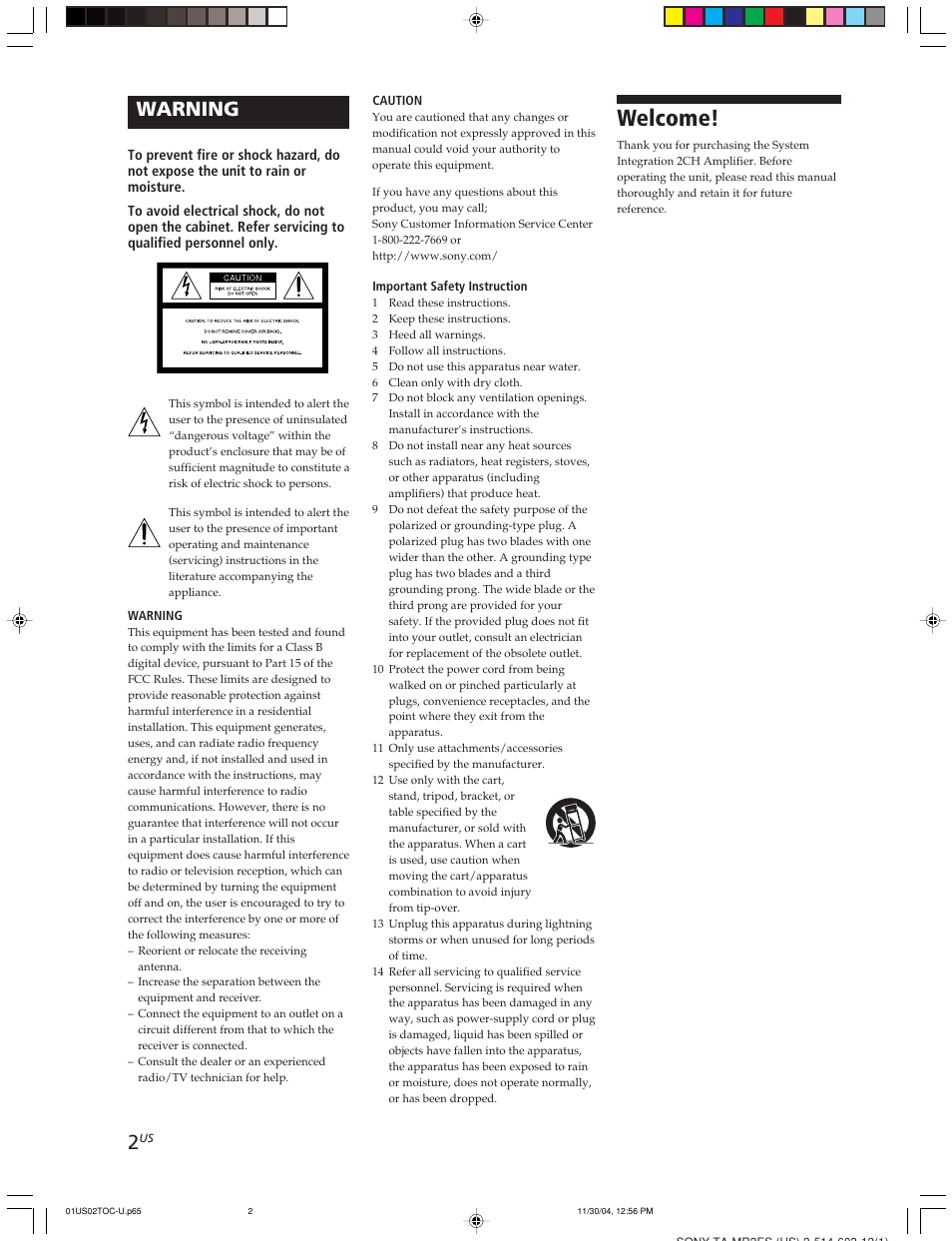 Welcome, Warning | Sony TA-MR2ES User Manual | Page 2 / 20