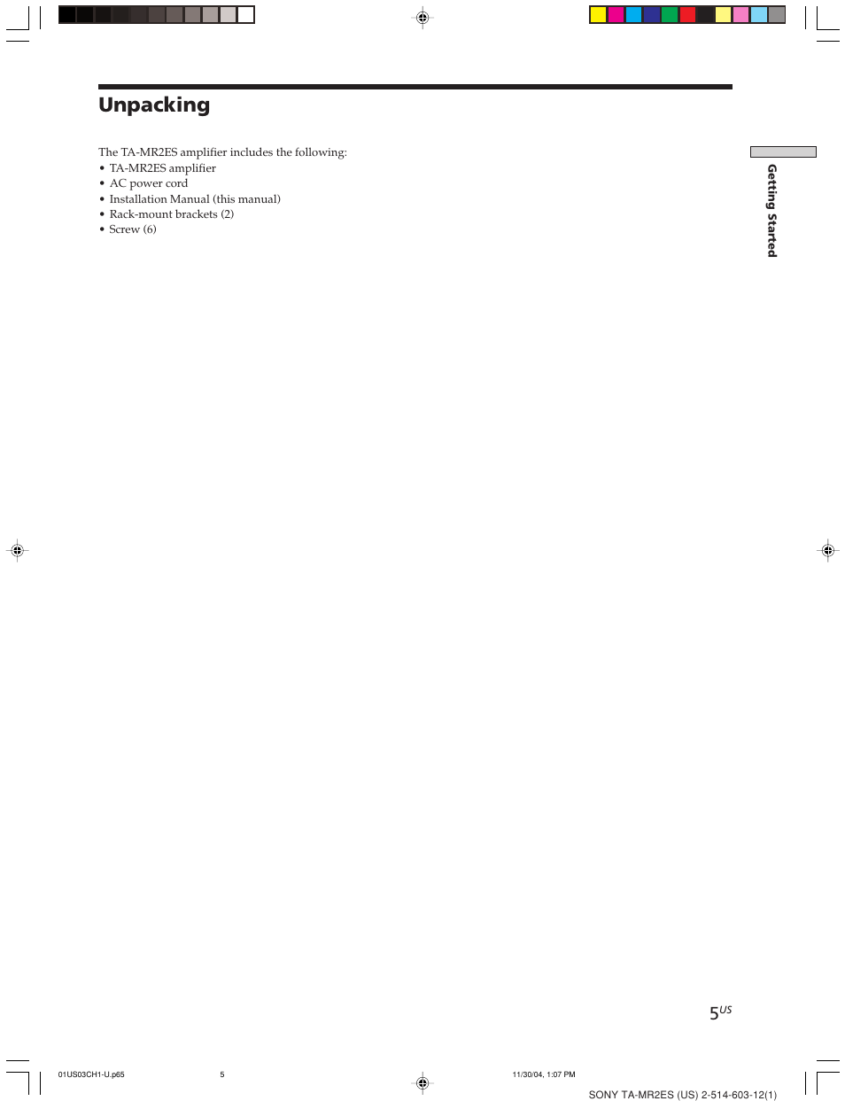 Unpacking | Sony TA-MR2ES User Manual | Page 5 / 20