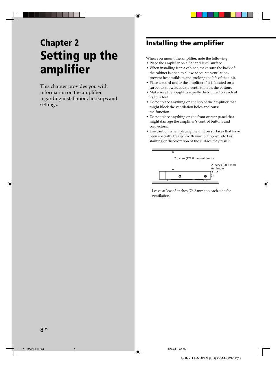 Chapter 2 setting up the amplifier, Installing the amplifier, Setting up the amplifier | Chapter 2 | Sony TA-MR2ES User Manual | Page 8 / 20