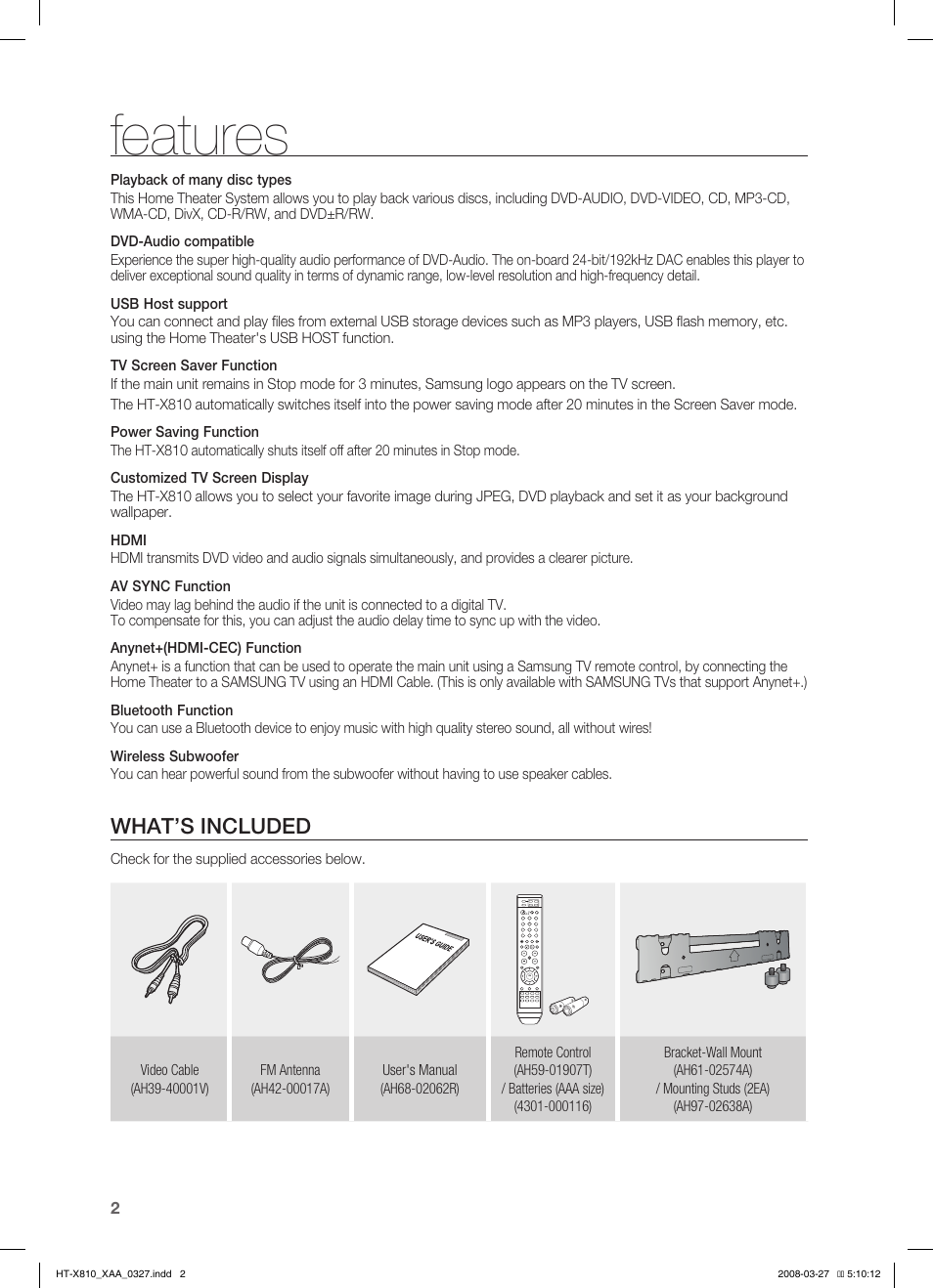 Features, What’s included | Sony HT-X810 User Manual | Page 2 / 60