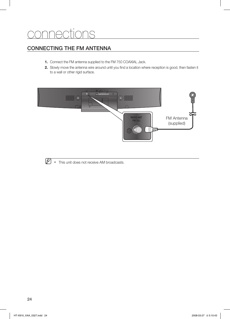 Conecting the fm antena, Connections | Sony HT-X810 User Manual | Page 24 / 60