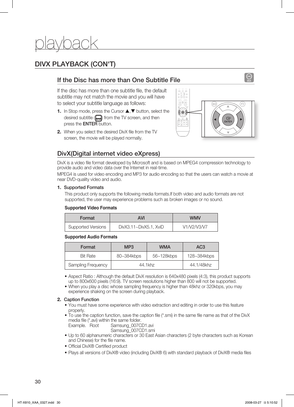 Divx playback (con't), Playback, If the disc has more than one subtitle file | Divx(digital internet video express) | Sony HT-X810 User Manual | Page 30 / 60