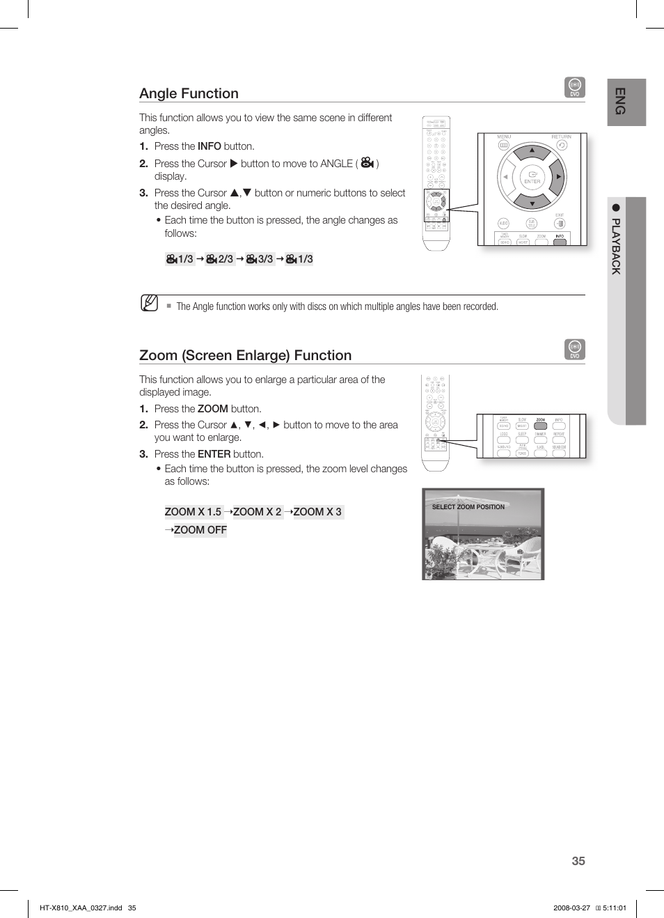Angle function, Zoom (screen enlarge) function | Sony HT-X810 User Manual | Page 35 / 60