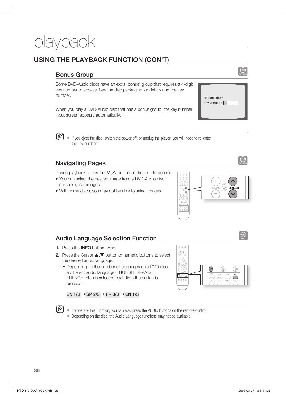 Bonus group, Audio language selection function, Playback | Using the playback function (con't) | Sony HT-X810 User Manual | Page 36 / 60