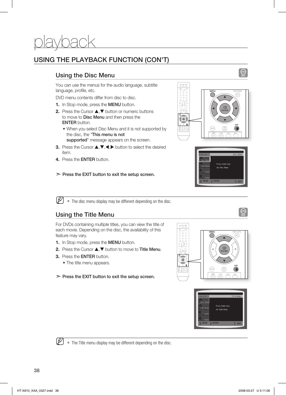 Using the disc menu, Using the title menu, Playback | Using the playback function (con't) | Sony HT-X810 User Manual | Page 38 / 60