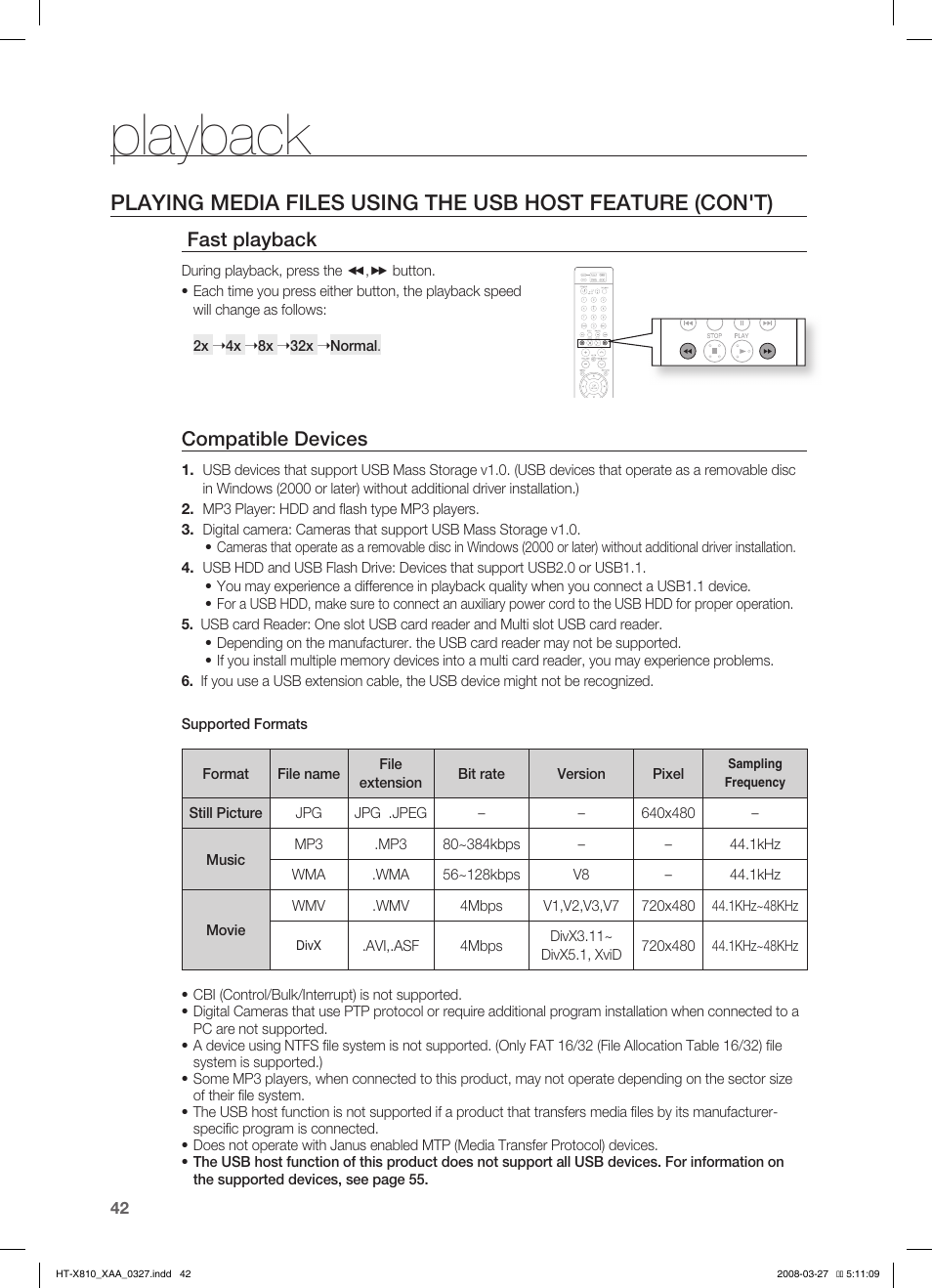 Fast playback, Compatible devices, Playback | Sony HT-X810 User Manual | Page 42 / 60