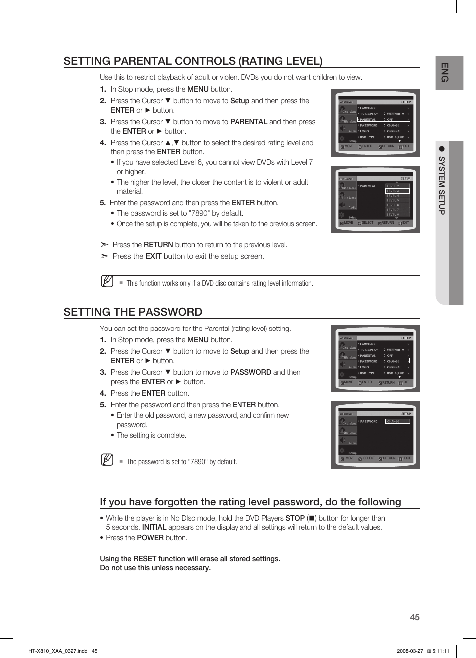 Seting parental controls (rating level), Seting the pasword, Setting parental controls (rating level) | Setting the password, En g | Sony HT-X810 User Manual | Page 45 / 60