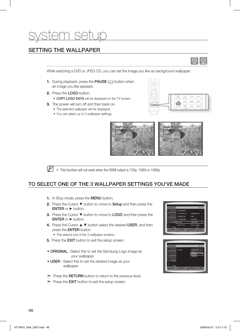 Setting the wallpaper, System setup | Sony HT-X810 User Manual | Page 46 / 60