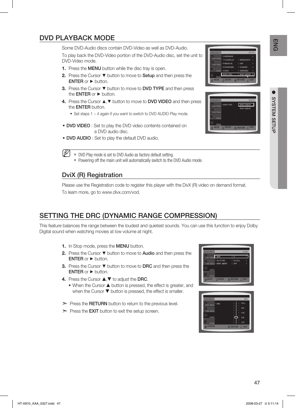 Dvd playback mode, Seting the drc (dynamic range compresion), Setting the drc (dynamic range compression) | Dvix (r) registration, En g | Sony HT-X810 User Manual | Page 47 / 60