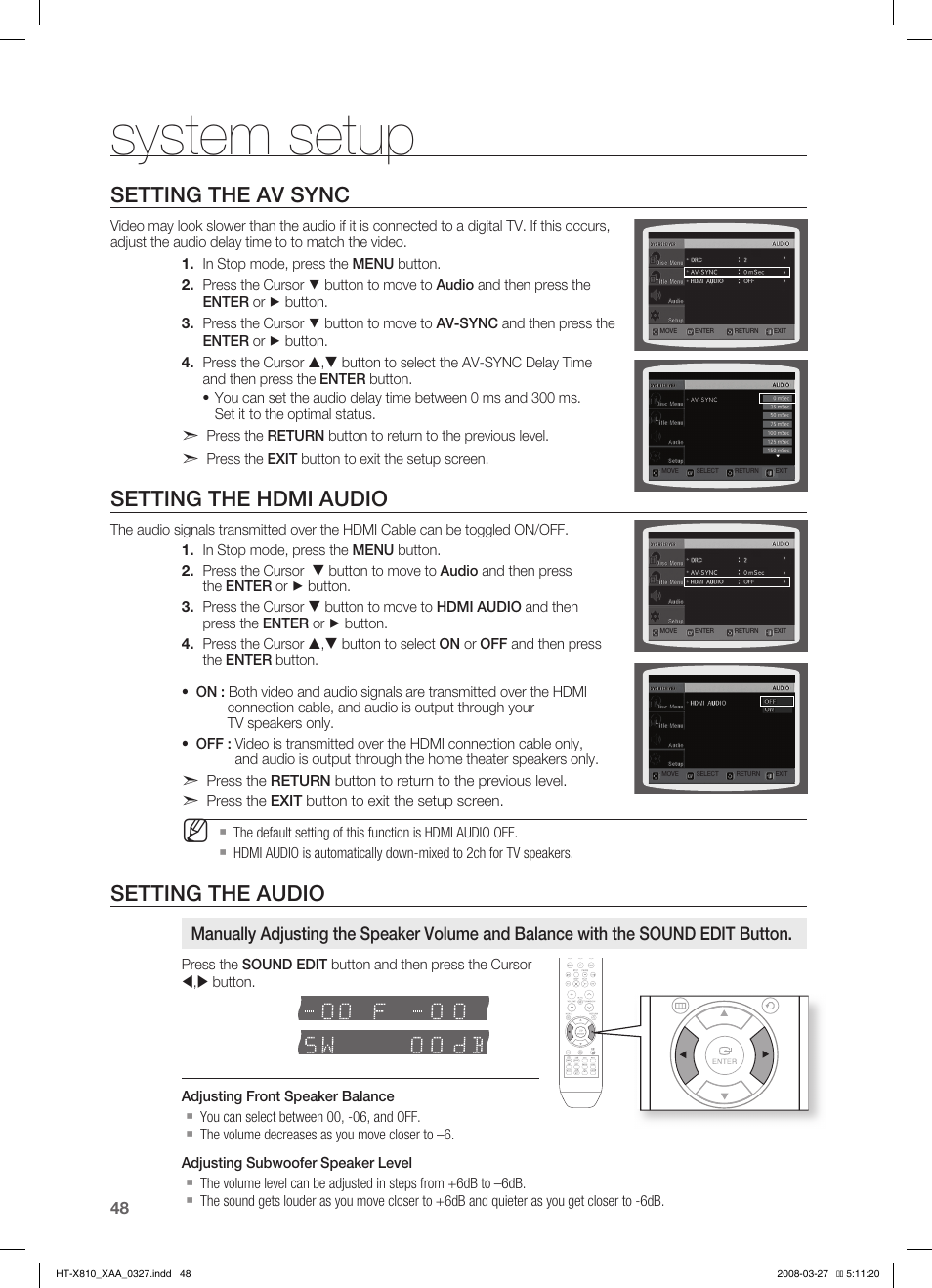 Setting the av sync, Setting the hdmi audio, Setting the audio | System setup | Sony HT-X810 User Manual | Page 48 / 60