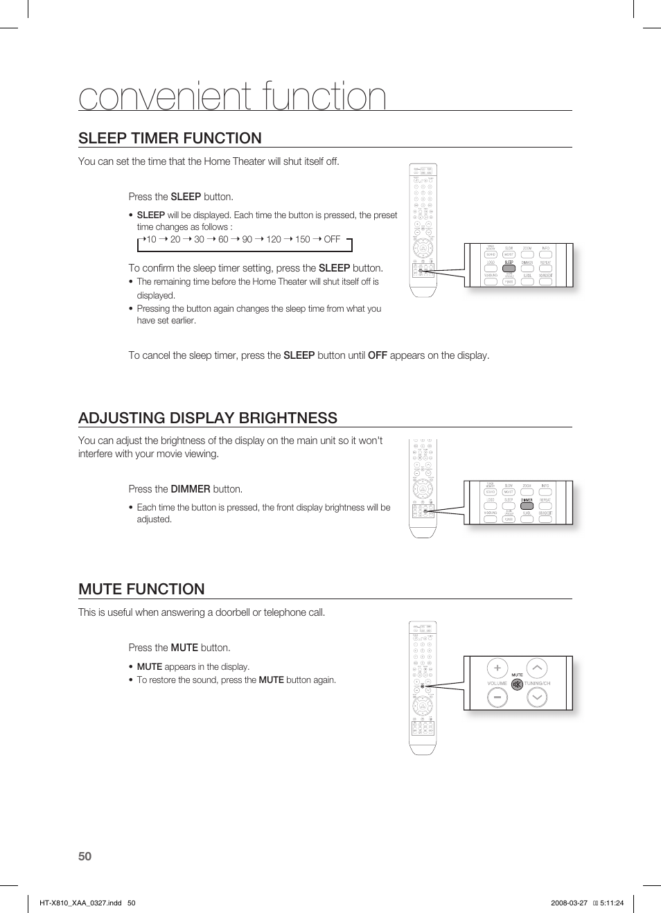 Convenient function, Sleep timer function, Adjusting display brightness | Mute function | Sony HT-X810 User Manual | Page 50 / 60