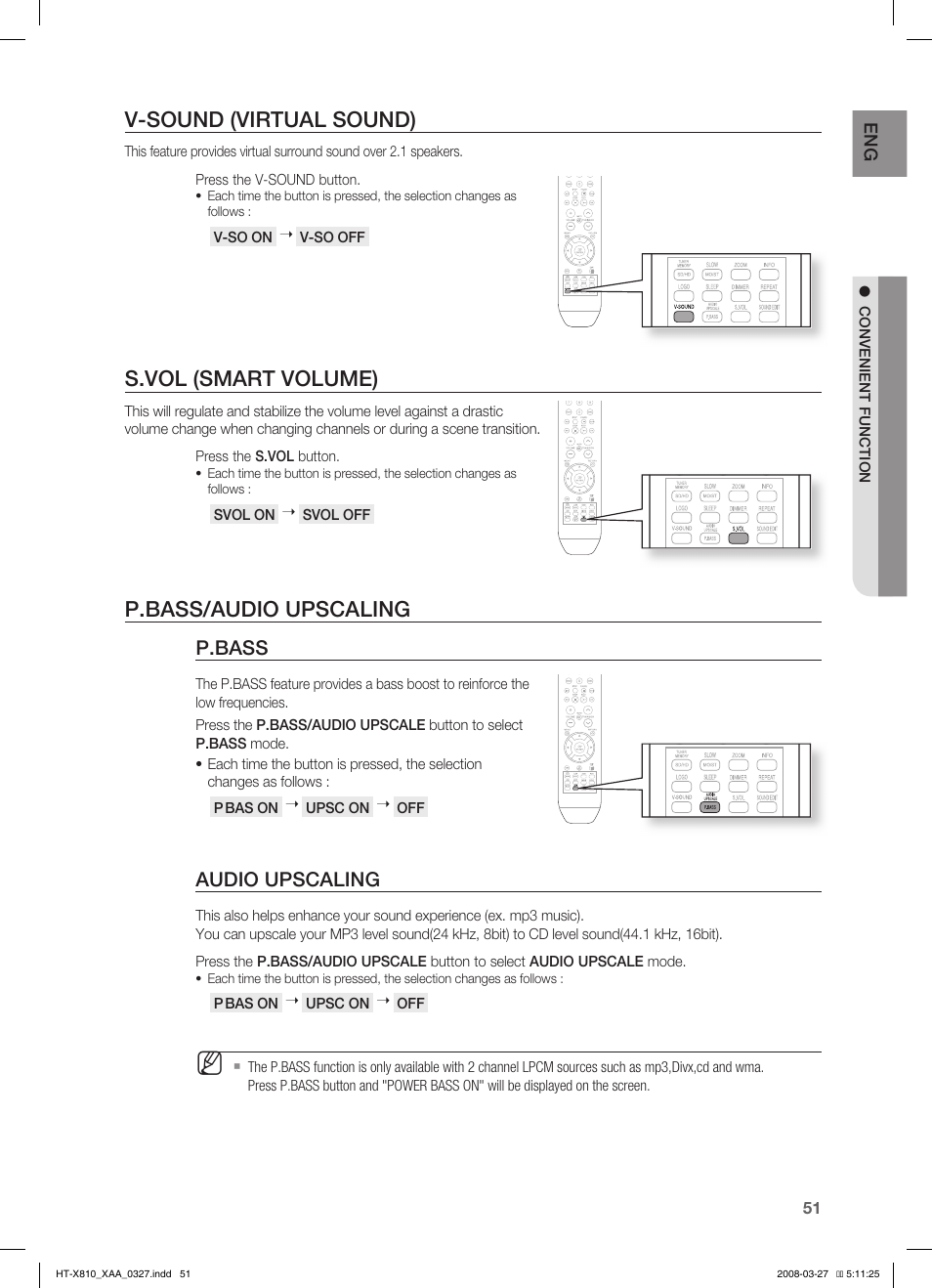 V-sound (virtual sound), S.vol (smart volume), P.bass/audio upscaling | P.bass, Audio upscaling | Sony HT-X810 User Manual | Page 51 / 60