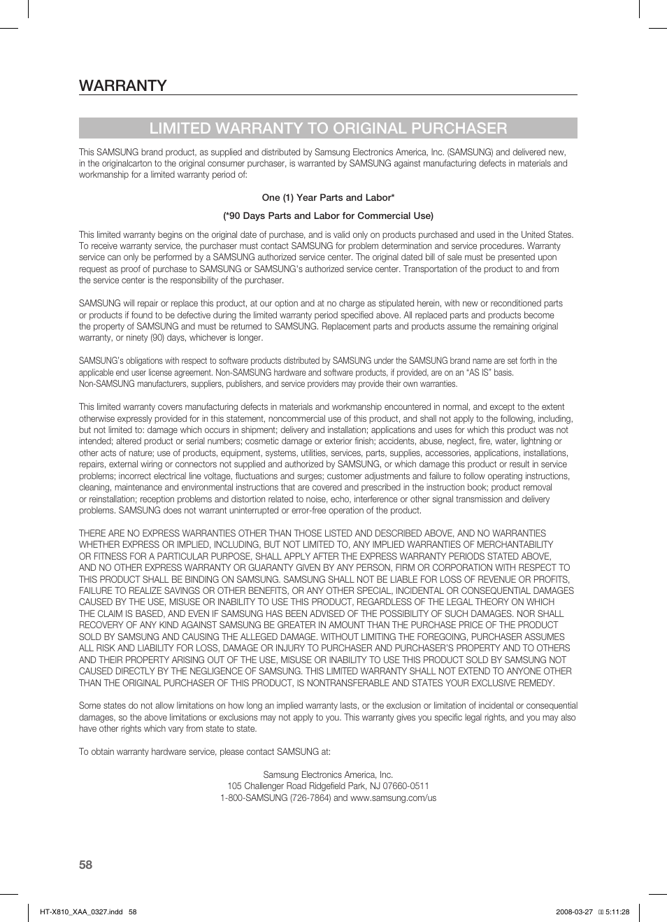 Warranty limited warranty to original purchaser | Sony HT-X810 User Manual | Page 58 / 60
