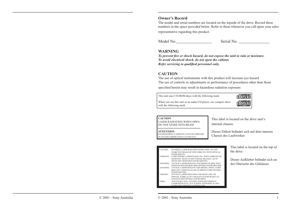 Warning, Owner’s record, Caution | Sony CDU 5211 User Manual | Page 2 / 10