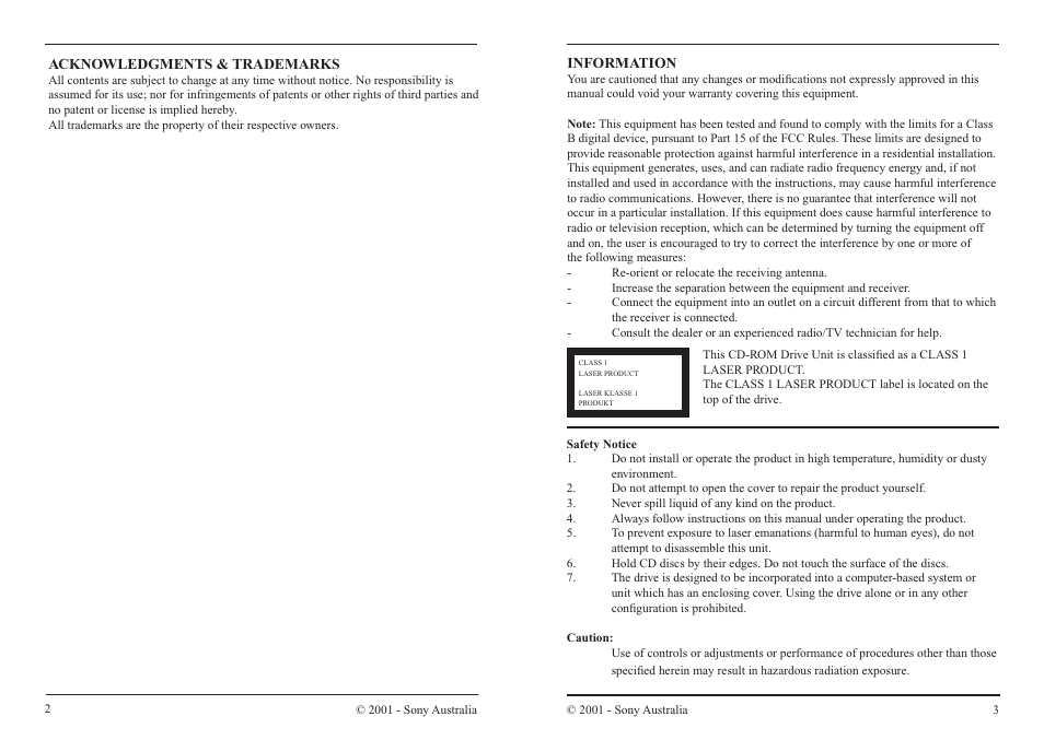 Trademarks, Information | Sony CDU 5211 User Manual | Page 3 / 10