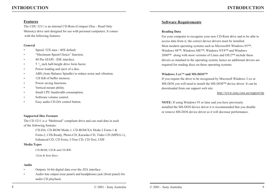 Introduction, Features, Software requirements | Sony CDU 5211 User Manual | Page 6 / 10