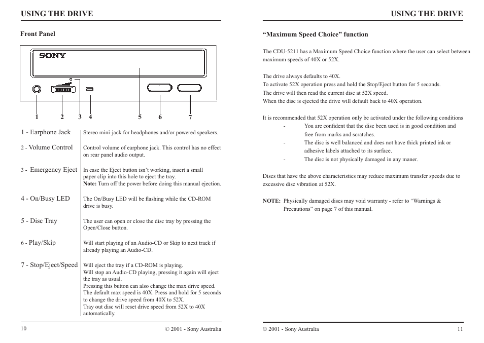 Using the rive, Front panel, Maximum speed choice | Using the drive | Sony CDU 5211 User Manual | Page 7 / 10