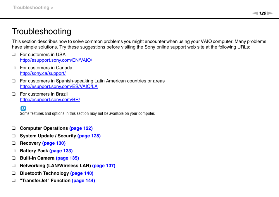 Troubleshooting | Sony VAIO VPCF11 User Manual | Page 120 / 169