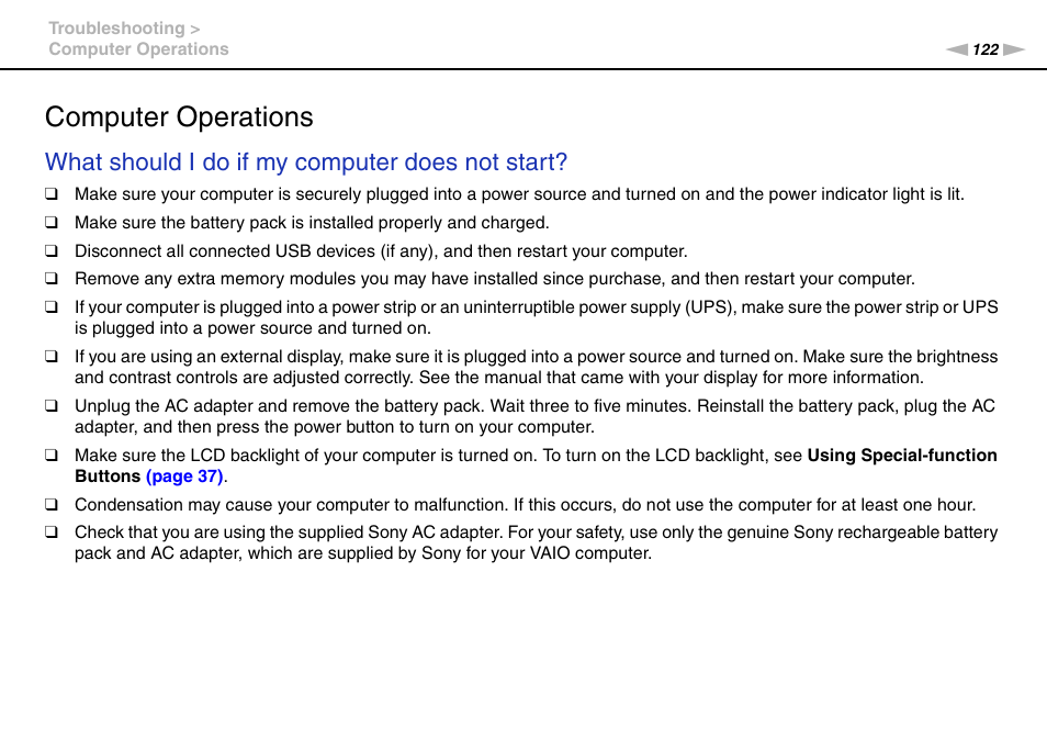 Computer operations, What should i do if my computer does not start | Sony VAIO VPCF11 User Manual | Page 122 / 169