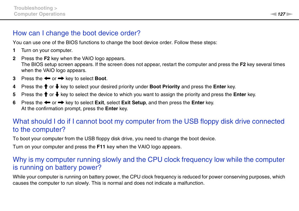 How can i change the boot device order | Sony VAIO VPCF11 User Manual | Page 127 / 169