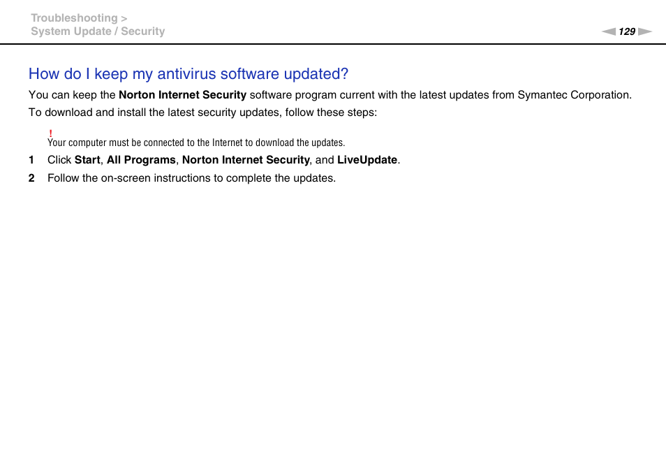 How do i keep my antivirus software updated | Sony VAIO VPCF11 User Manual | Page 129 / 169