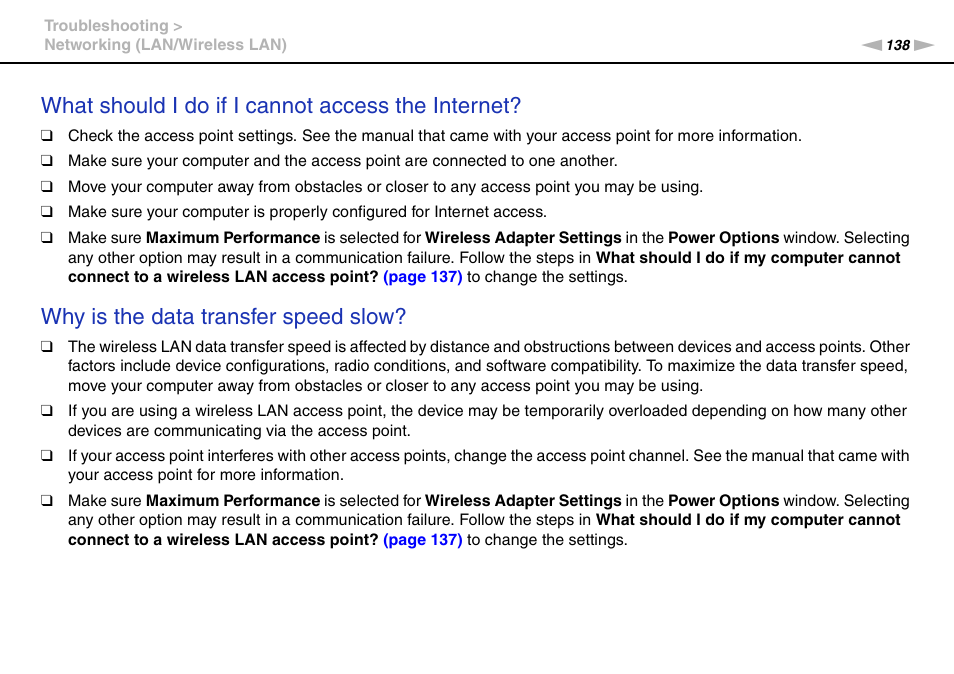 What should i do if i cannot access the internet, Why is the data transfer speed slow | Sony VAIO VPCF11 User Manual | Page 138 / 169