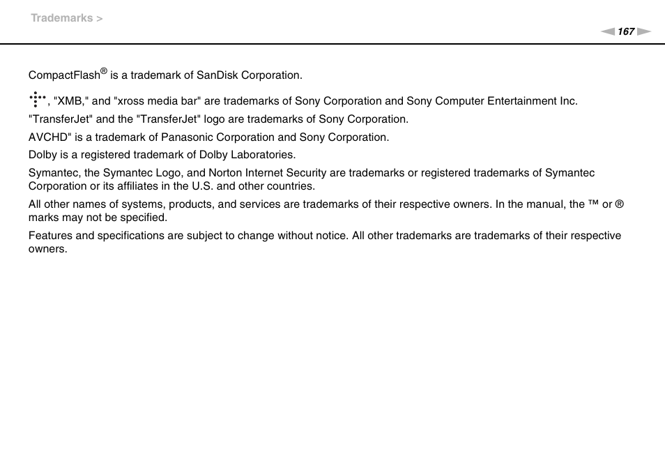 Sony VAIO VPCF11 User Manual | Page 167 / 169