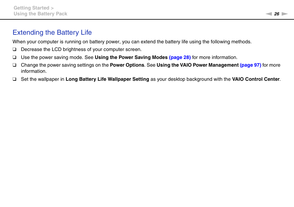 Extending the battery life | Sony VAIO VPCF11 User Manual | Page 26 / 169